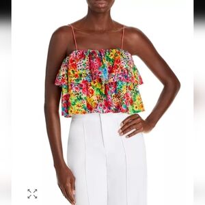 Alice + Olivia Marylynn Ruffle Floral Eyelet Cotton & Linen Crop Top, Size 4